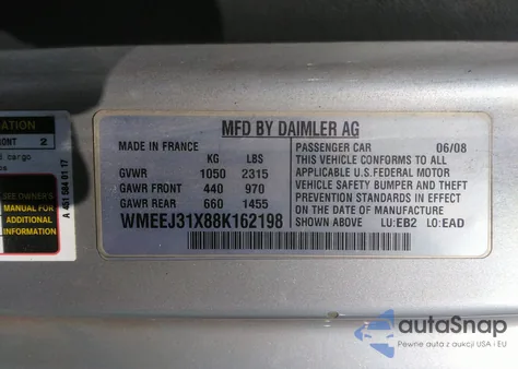 2008 Smart Fortwo Passion/Pure z USA, uszkodzony, nr VIN WMEEJ31X88K162198